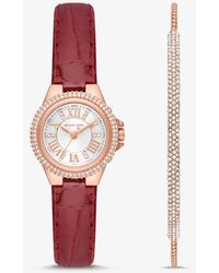 Michael Kors Coffret cadeau mini-montre Camille et bracelet ton or rose avec pierres pavées - Blanc
