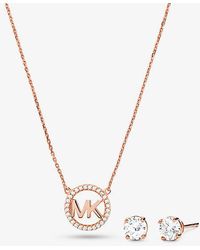 Michael Kors - Mk 14K Rose-Plated Sterling Pavé Logo Charm Necklace And Stud Earrings Set - Lyst