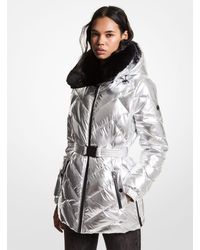 Michael Kors Faux Fur Trim Chevron Quilted Nylon Belted Puffer Coat - Metallic