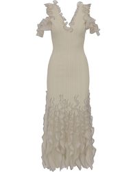 Alexander McQueen Ivory Knit Dress With Ruffles On The Bottom And On The Neckline With Contrasting Finishes. - Natural