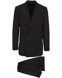 Tom Ford Two-piece Suit In Black Wool With Double-breasted Closure And Trousers With Silk Bands