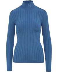 Nina Ricci Cyan Jumper In Stretch Viscose With Embroidered Logo On The Turtleneck And Zip On The Back. - Blue