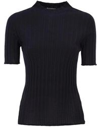 Peserico - Truien & Vesten ,Blauw ,Geribbelde Trui Met Korte Mouwen En Mock Neck - Lyst