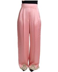 Dolce & Gabbana - Roze Kanten Getrimde Zijden Satijnen Broek Met Wijde Pijpen - Lyst