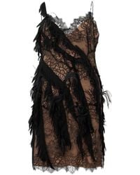 Alberta Ferretti - Kleedjes ,Zwart ,Leer Korte Jurk Met Veren En Kant - Lyst