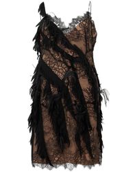 Alberta Ferretti - Kleedjes ,Zwart ,Leer Korte Jurk Met Veren En Kant - Lyst