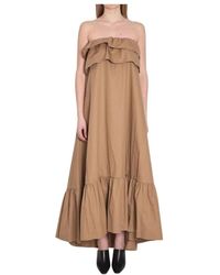 Saint Laurent - Kleedjes ,Bruin ,Katoen Maxi-Jurk Met Ruches En Strapless - Lyst