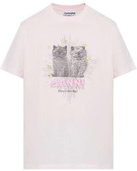 Ganni - Besticktes logo baumwoll t-shirt rosa - Lyst