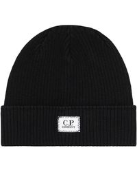 C.P. Company - Schwarze Wollmütze Mit Logo-Patch - Lyst