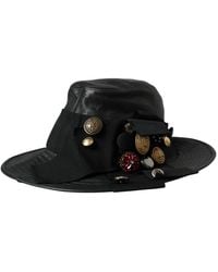 Dolce & Gabbana - Black Leather Dg Coin Crystal Wide Brim Hat - Lyst