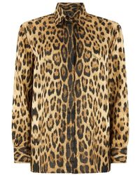 Roberto Cavalli - Overhemden ,Bruin ,Polyester Zijden Blouse Met Jaguar Print - Lyst