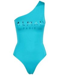 Balmain - Flocked-Logo One-Shoulder Swimsuit - Lyst