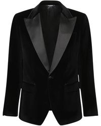 Dolce & Gabbana - Jassen ,Zwart ,Satijn Elegante Fluwelen Jas Met Satijnen Revers - Lyst