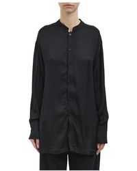 Thom Krom - Overhemden ,Zwart ,Satijn Relaxte Viscose Satijnen Blouse - Lyst