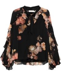 Zimmermann - Zwart Bloemenprint Gerimpelde Mouwen Shirt - Lyst