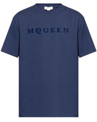 McQueen - Tops ,Blauw ,Katoen T-Shirt Met Een Fluweel-Afgewerkt Logo - Lyst