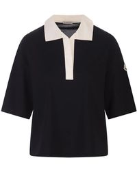 Moncler - Blaues polo-shirt mit logo-patch - Lyst