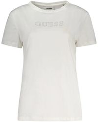 Guess - Tops ,Wit ,Katoen T-Shirt Met Korte Mouwen En Strass Details - Lyst