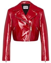 Moschino - Jassen ,Rood ,Leer Patent Leren Biker Crop Jas - Lyst