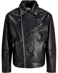 Jack & Jones - Jassen ,Zwart ,Leer Zwarte Leren Motorjas - Lyst