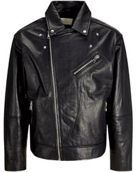 Jack & Jones - Jassen ,Zwart ,Leer Zwarte Leren Motorjas - Lyst