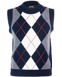 A.P.C. - Blauwe Geborduurde Logo Crew Neck Sweater - Lyst