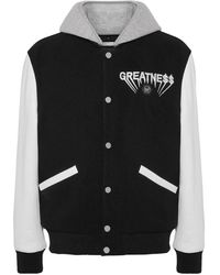 Philipp Plein - Hooded Varsity Bomber Met Leren Mouwen Greatness - Lyst