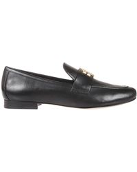 Tory Burch - Schoenen ,Zwart ,Leer Zwarte Leren Mocassin Met Gouden Metalen Logo - Lyst