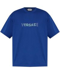 Versace - Tops ,Blauw ,Katoen T-Shirt Met Logo - Lyst
