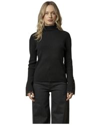 Kocca - Truien & Vesten ,Zwart ,Elegante Ribtrui Met Kantmouwen - Lyst
