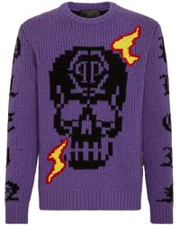 Philipp Plein - Truien & Vesten ,Paars ,Wol Pullover Ronde Hals - Lyst