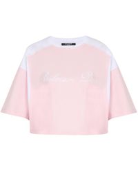 Balmain - Tops ,Roze ,Katoen Tweekleurig T-Shirt Met Handtekening Borduursel - Lyst