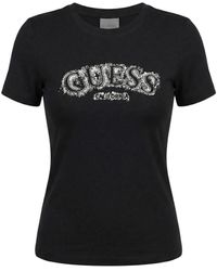 Guess - Tops ,Zwart ,T-Shirt Met Print, Korte Mouwen En Ronde Hals - Lyst