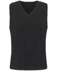 Issey Miyake - Schwarzer Plissierter Pullover V-Ausschnitt Ärmellos - Lyst