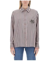 Etro - Overhemden ,Roze ,Gestreepte Overhemdblouse Met Knopen En Logo - Lyst