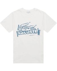 Lacoste - Weißes T-Shirt Mit Kurzem Ärmel Und Blauem Druck - Lyst
