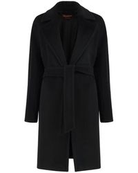 Max Mara - Jassen ,Zwart ,Wol Wollen Blend Gecoate Mantel Met Ceintuur - Lyst