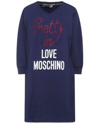 Love Moschino - Blaues baumwollkleid mit logo-print und perlenapplikationen - Lyst