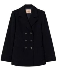 Twinset - Jassen ,Blauw ,Polyester Kruis-Sluiting Crepe Blazer Met Borduurwerk - Lyst