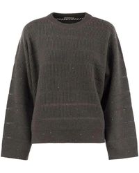 Brunello Cucinelli - Truien & Vesten ,Grijs ,Pailletten Gebreide Trui Met Subtiele Glitter - Lyst