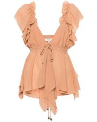Chloé - Zijden Top Met Ruches V-Hals Blush - Lyst
