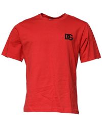 Dolce & Gabbana - Tops ,Rood ,Katoen T-Shirt Met Rode Logo Patch En Ronde Hals Van Katoen - Lyst