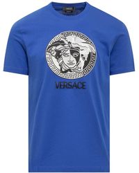 Versace - Blaues t-shirt mit rundhalsausschnitt und gesticktem medusa-logo - Lyst