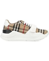 Burberry - Check And Leather Sneakers - Lyst