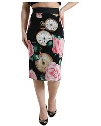 Dolce & Gabbana - Gonna di seta con stampa di rose e orologi - Lyst