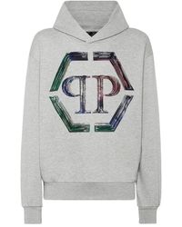 Philipp Plein - Hoodies & Sweatvesten ,Grijs ,Katoen Hoodie Sweatshirt Ls Strass Hexagon - Lyst