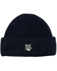 Maison Kitsuné - Accessoires ,Blauw ,Wol Wol Ribbel Logo Hoed - Lyst