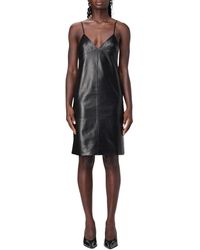 Saint Laurent - Schwarzes Leder-Slipkleid Mit V-Ausschnitt - Lyst