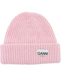 Ganni - Accessoires ,Roze ,Wol Geribde Melange Muts Met Logopatch - Lyst