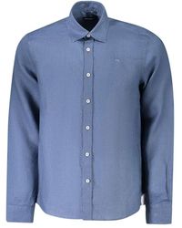 North Sails - Overhemden ,Blauw ,Linnen Blauw Linnen Overhemd Met Italiaanse Kraag - Lyst